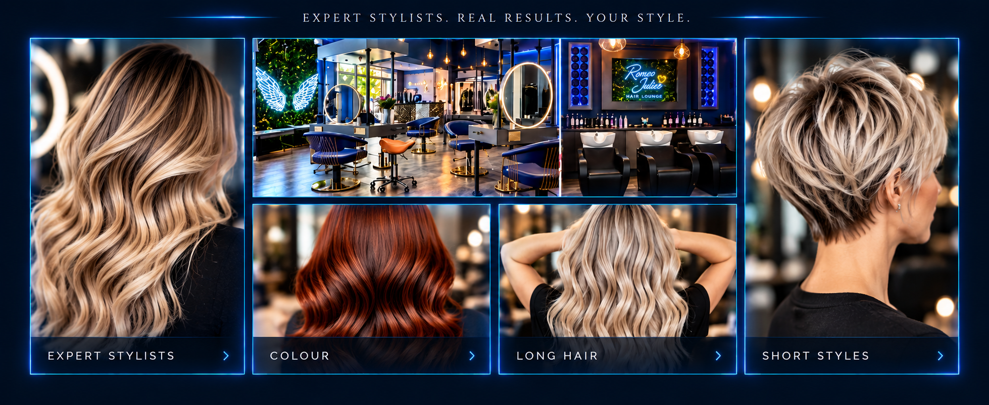 Romeo Juliet Hair Lounge gallery featuring expert stylists, colour, long hair and short styles